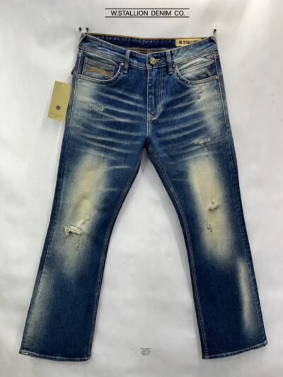 Mid Blue Bootcut Fit Vintage Wash Jeans with Lycra & Whisker Effect