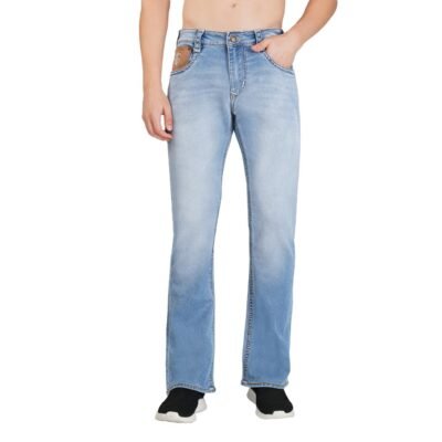 Greenish Blue Relaxed Fit Jeans with Lycra & Whisker Effect