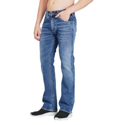 Greenish Blue Relaxed Fit Jeans with Lycra & Whisker Effect